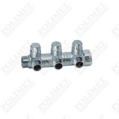 Коллектор запорно-балансировочный 1" на 3 отвода 3/4"EU c вставкой под уплотнение FAR